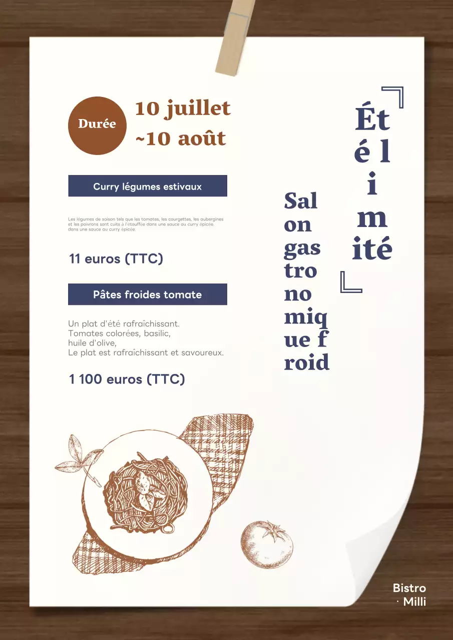 Présentation du menu saisonnier d'été avec une touche orientale dans les tons bruns et beiges.