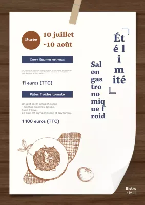 Présentation du menu saisonnier d'été avec une touche orientale dans les tons bruns et beiges.