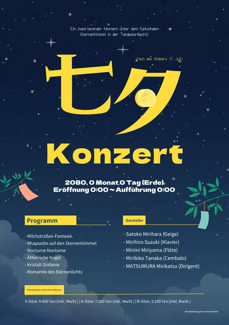 Faltblatt für ein schönes indigoblaues und gelbes Tanabata-Musikkonzert.
