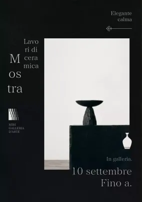 Pubblicità della mostra di porcellane fini nere e grigie