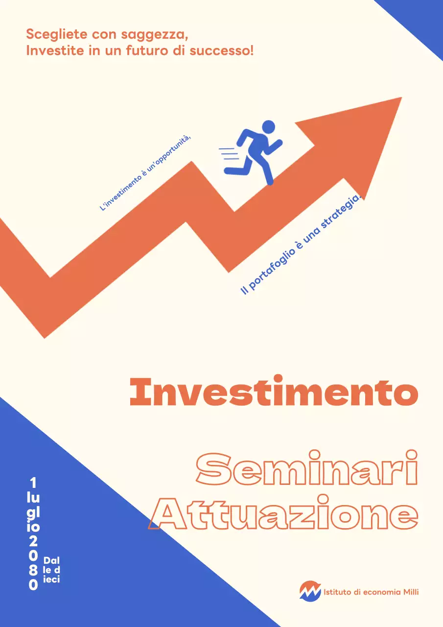 Volantino del seminario sul portafoglio di investimento con evidenziazioni in blu e arancione