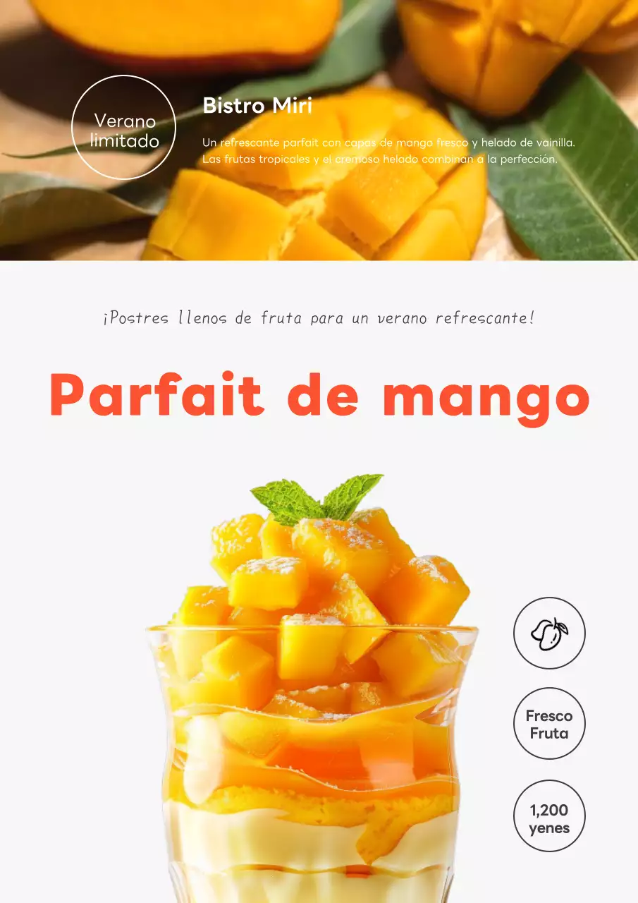 Sencillo folleto de menú de postres de verano en naranja y amarillo.