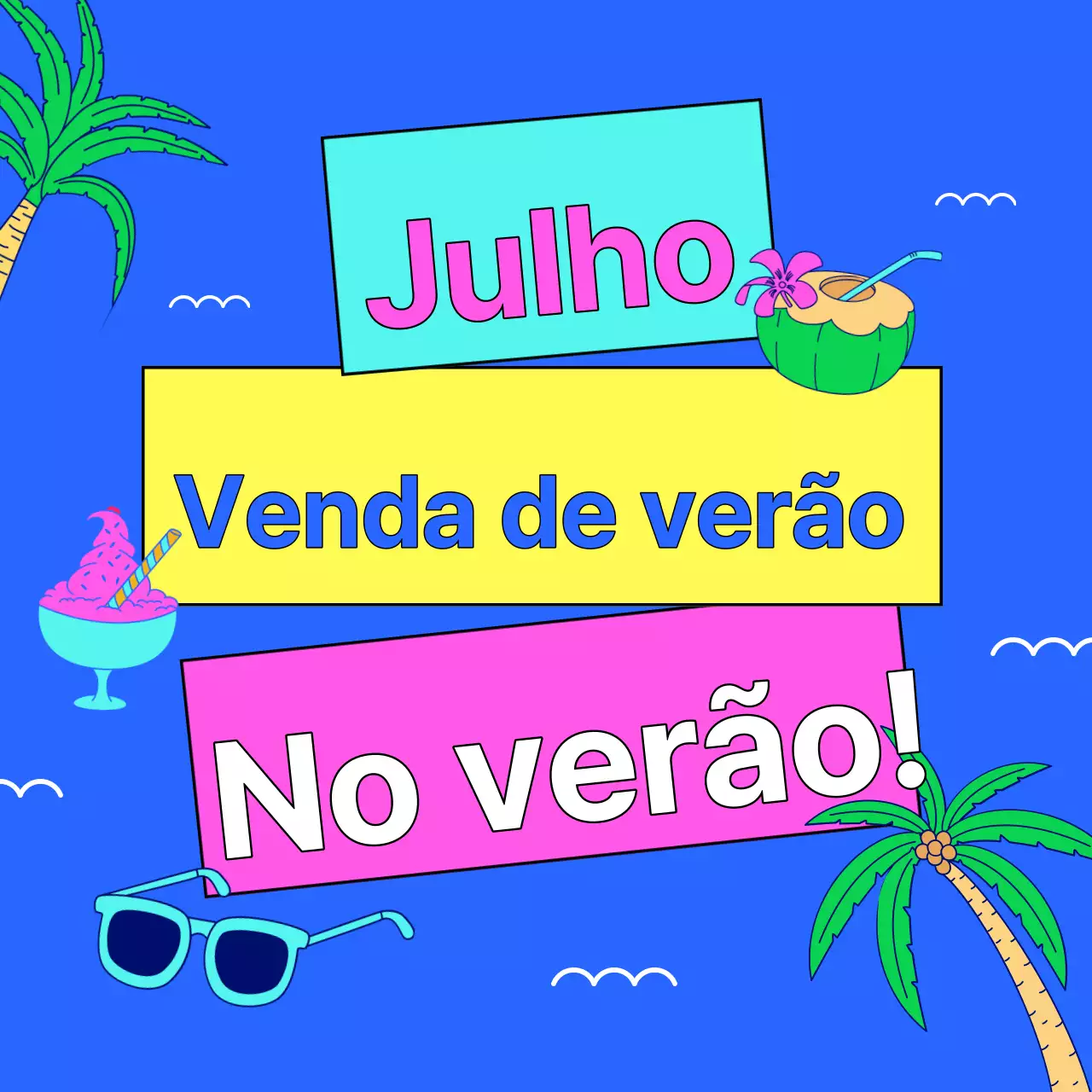 Uma coleção de miniaturas de eventos de verão com um destaque em azul claro e rosa choque