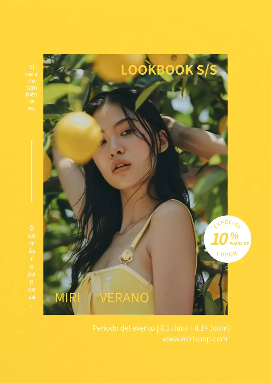 Anuncios de eventos de cupones de ropa de temporada de verano tropical en amarillo y blanco.