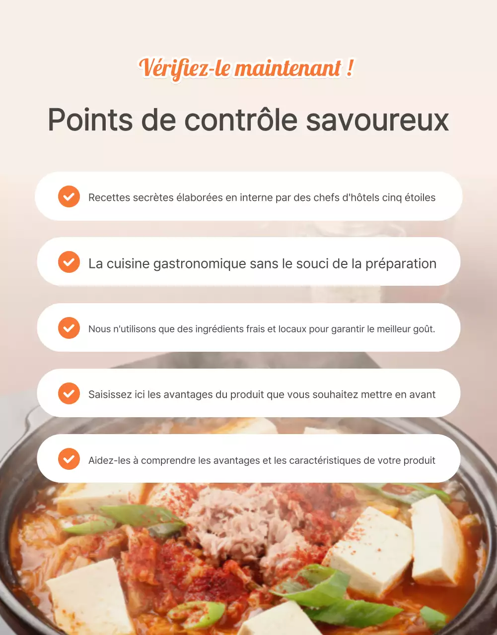 Promouvoir les points de contrôle des kits alimentaires de base de couleur orange et ivoire