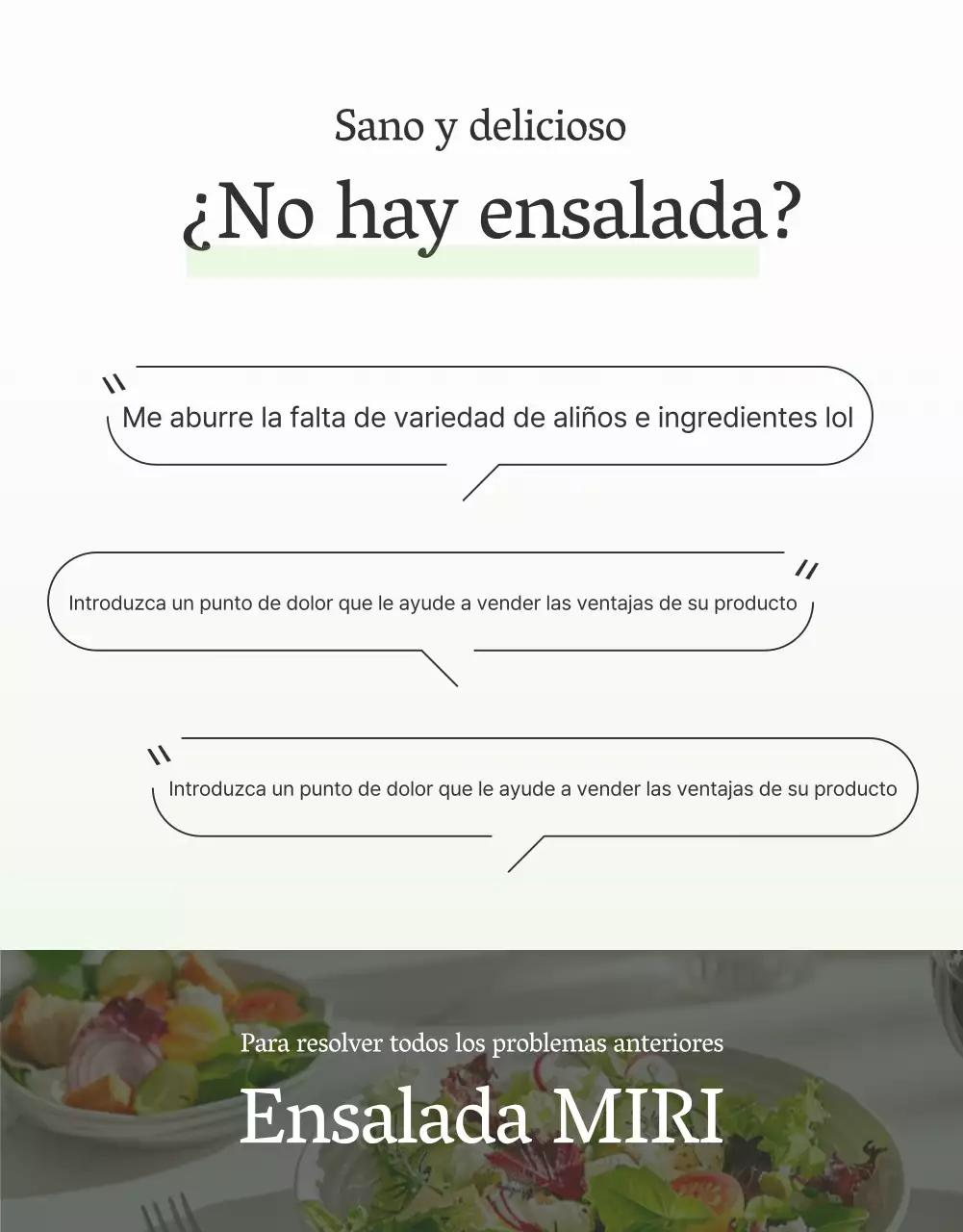 Promover una ensalada sencilla con una descripción de introducción en blanco y chartreuse