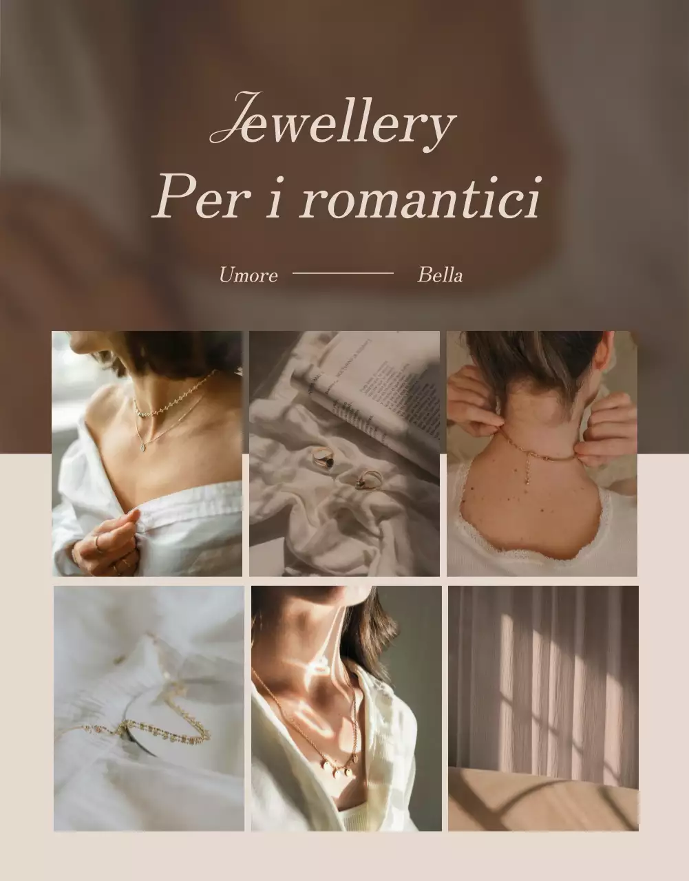 Promuovete la vostra pagina con un layout fotografico di gioielli di tendenza nei toni del marrone e del beige.