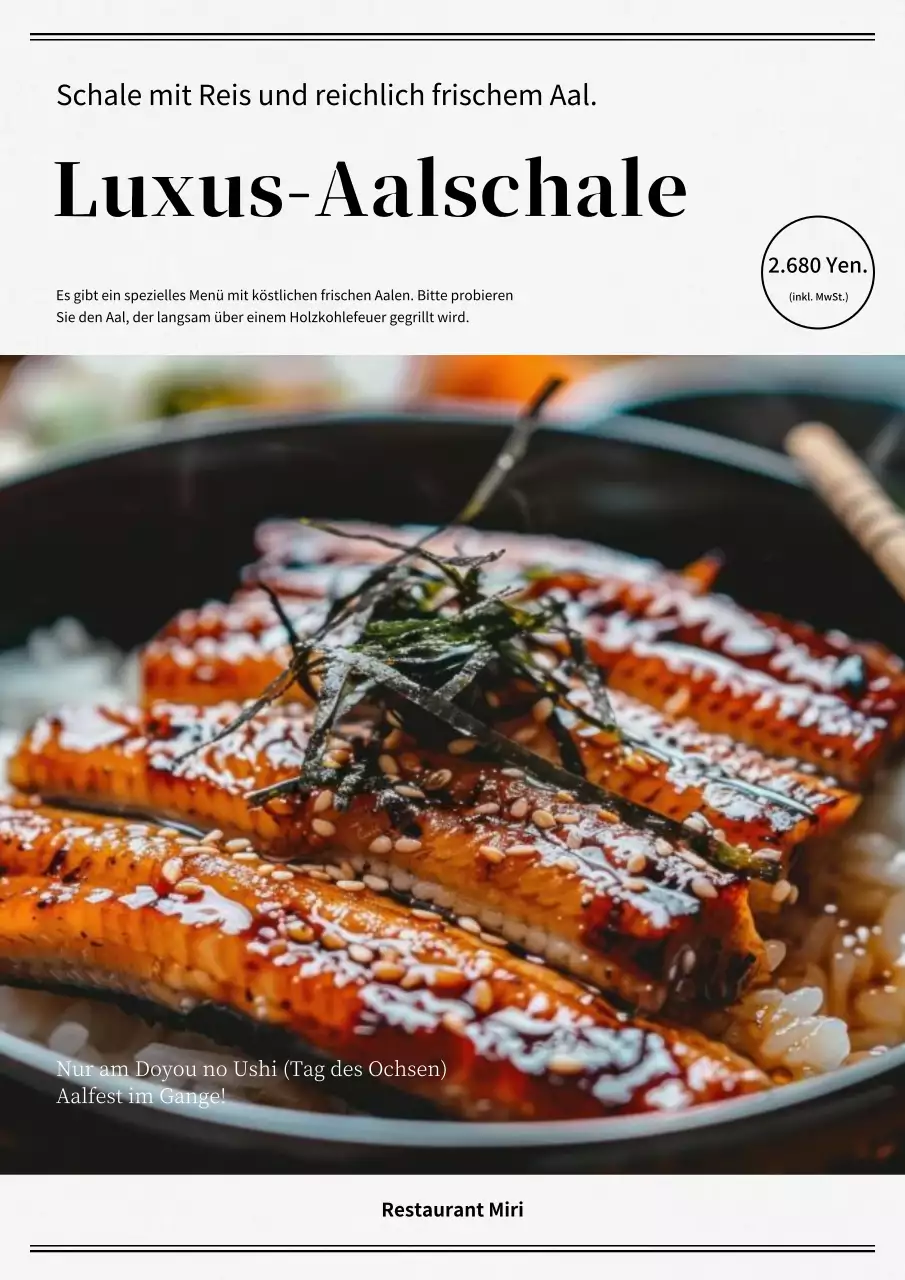 Einfacher Schwarz-Weiß-Flyer, der für den Aal wirbt.