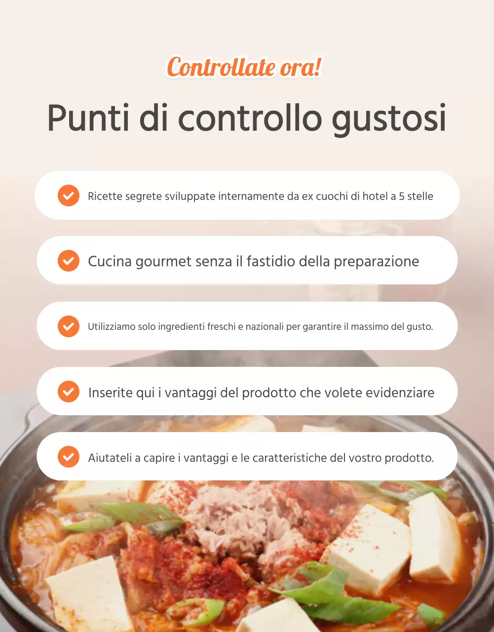 Promuovere i punti di controllo dei pasti di base di colore arancione e avorio.