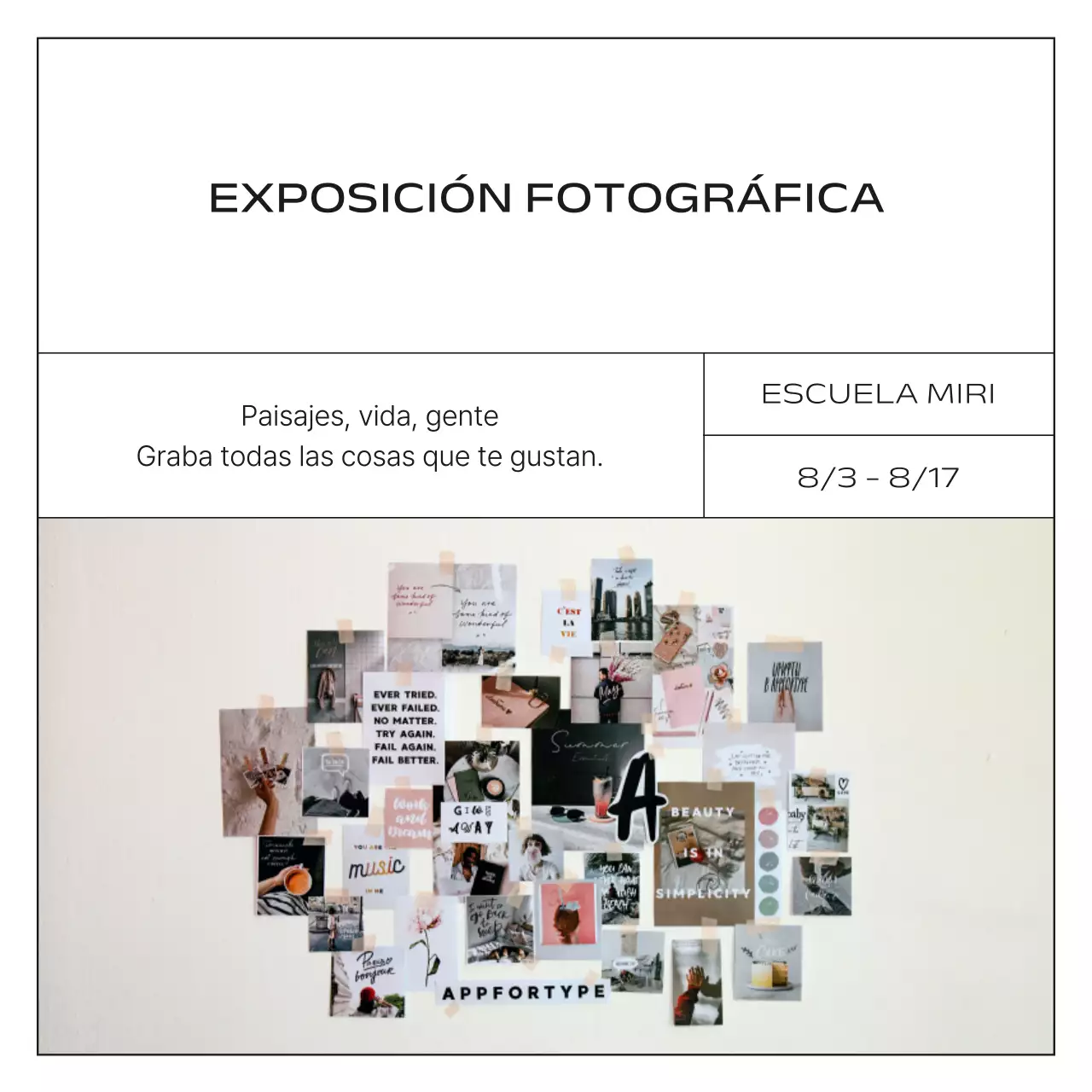 Un puesto minimalista de promoción de exposiciones en blanco y negro