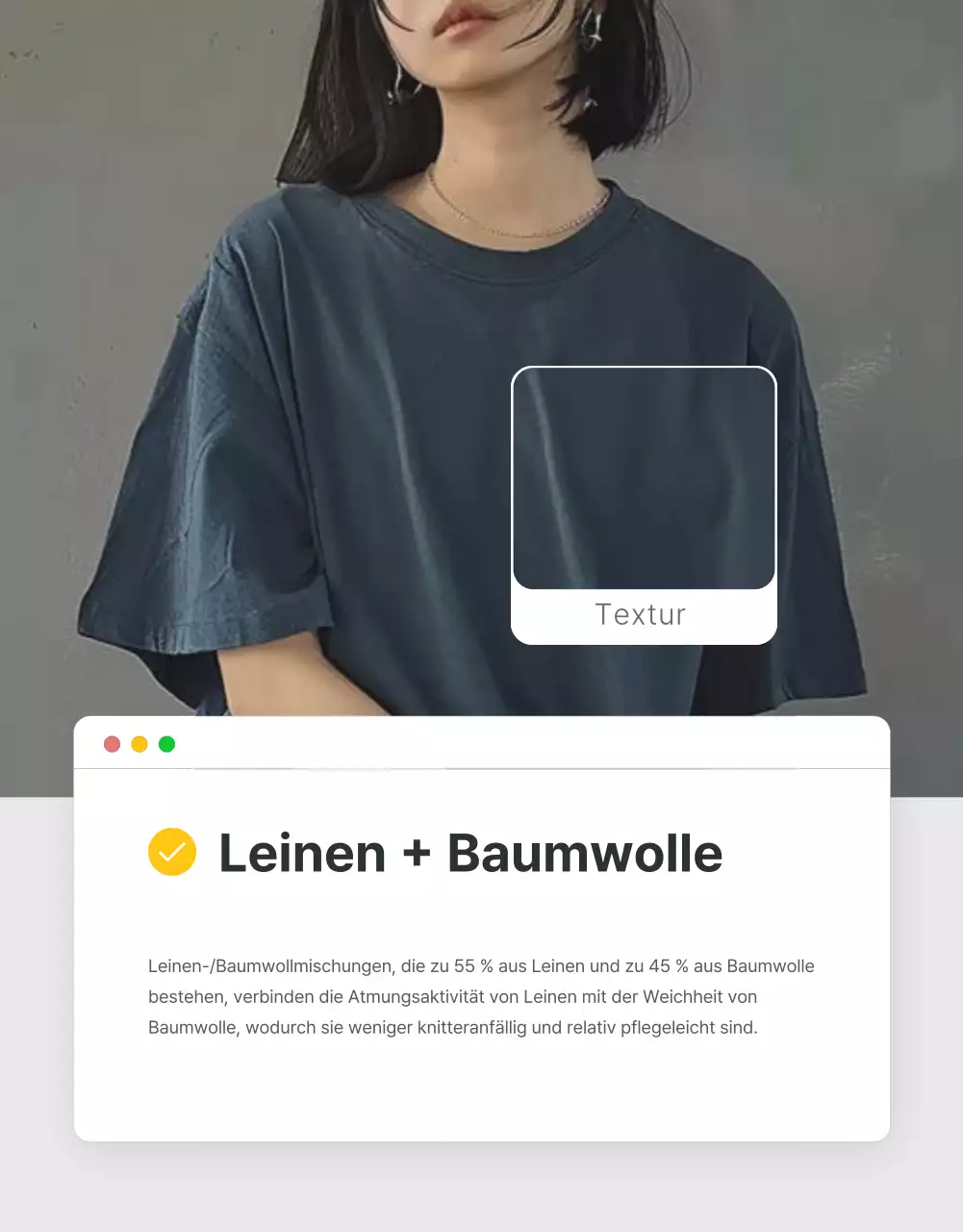 Förderung von Beschreibungen und Details in einem grauen und hellblauen Mode-Einkaufszentrum