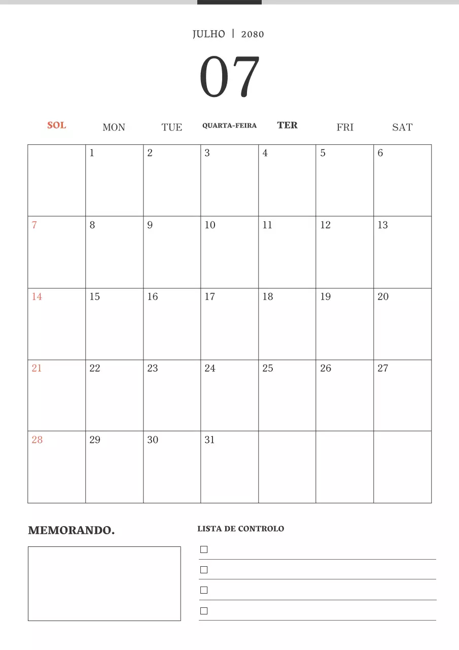 Calendário simples a preto e branco.