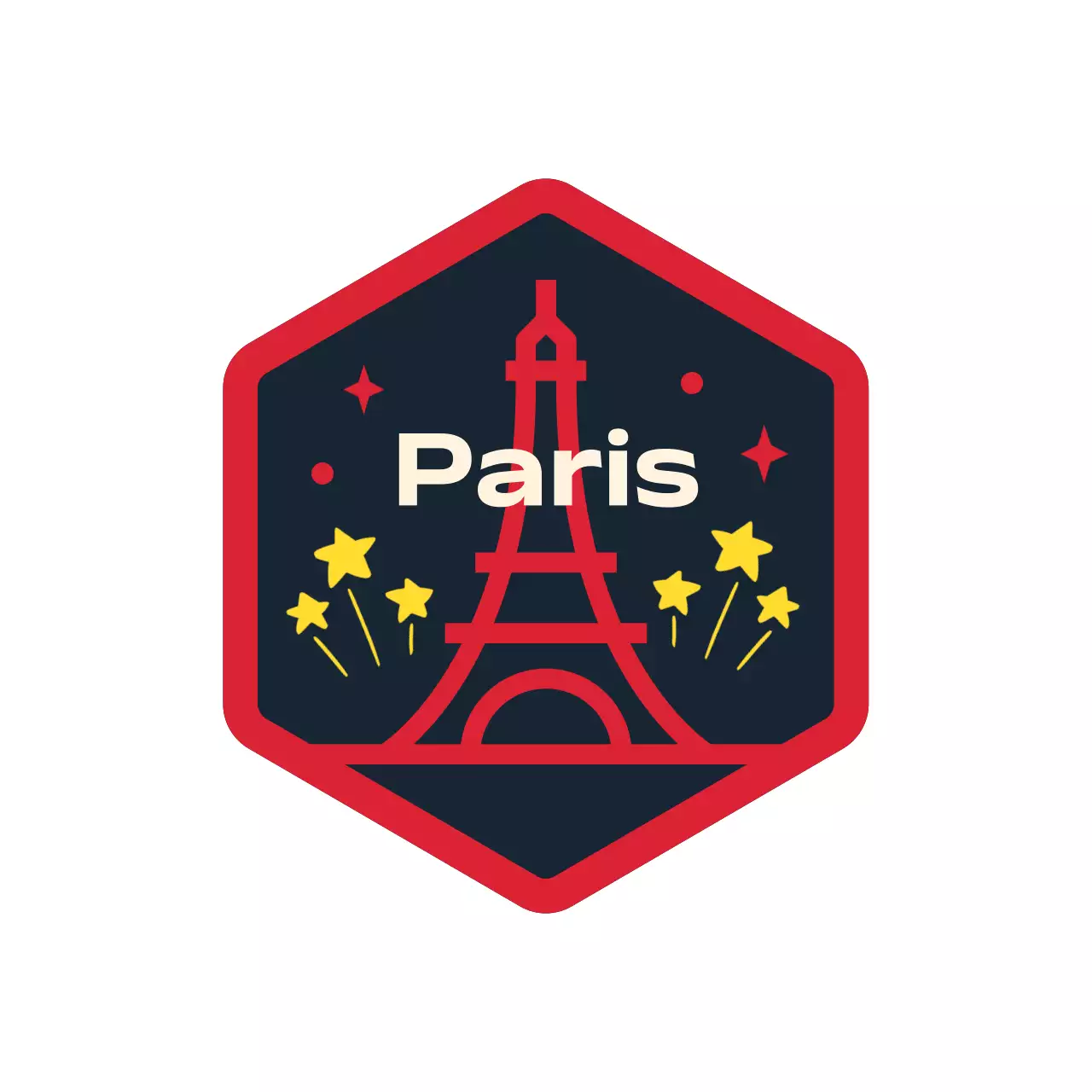 Artigos de viagem glamorosos com formas hexagonais, ilustrações da Torre Eiffel e estrelas
