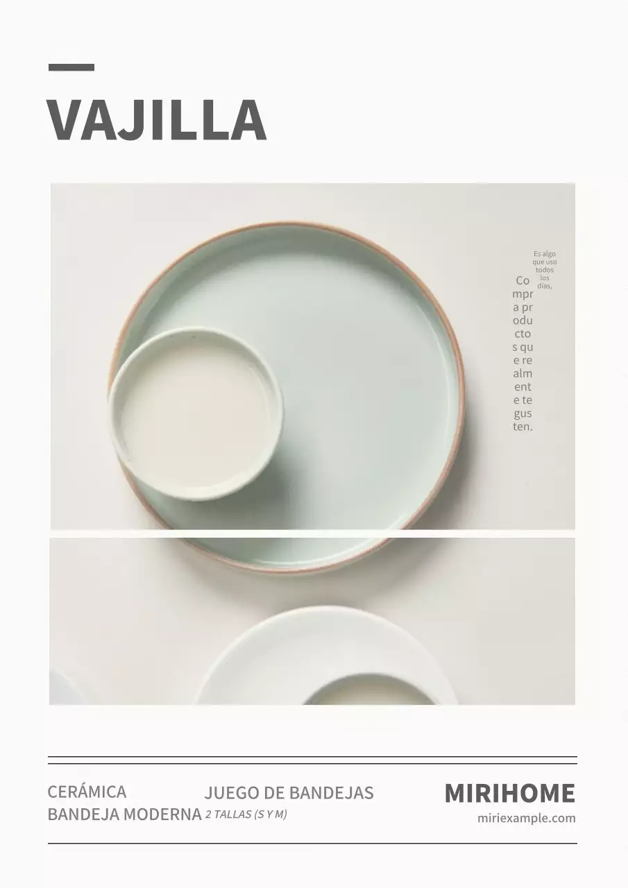 Publicidad para vajilla minimalista blanca y gris.