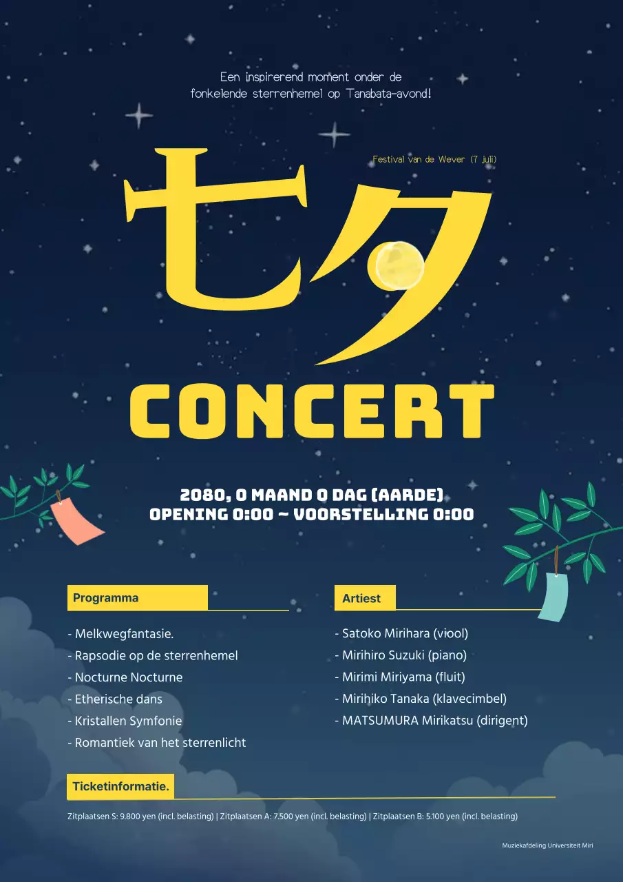 Folder voor een prachtig indigo en geel Tanabata muziekconcert.