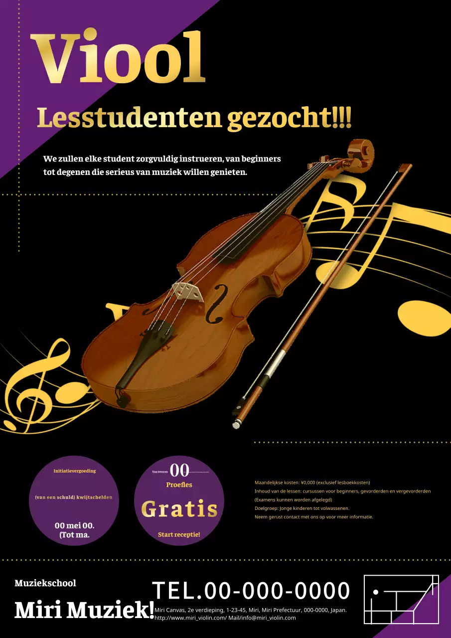 Een eenvoudige, klassieke vioollesadvertentie in goud en zwart.