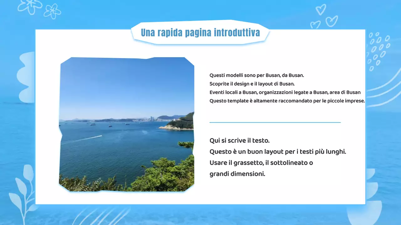 Una presentazione kitsch della guida del quartiere di Busan, in azzurro e bianco.