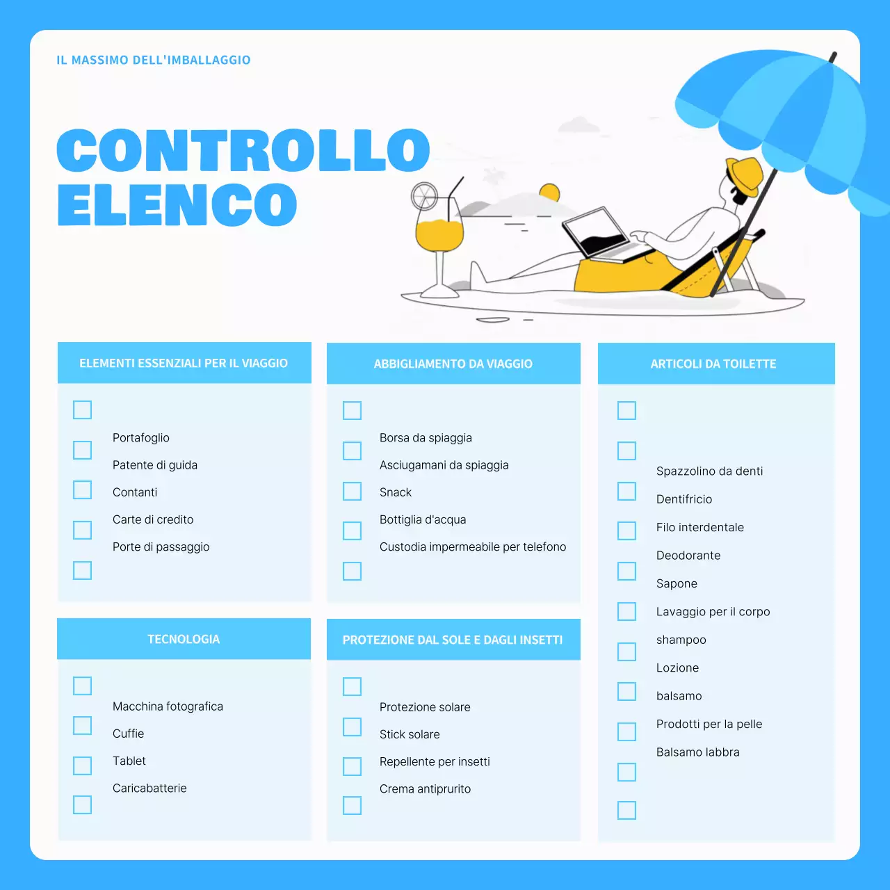 Un semplice post di checklist per le vacanze estive in bianco e azzurro