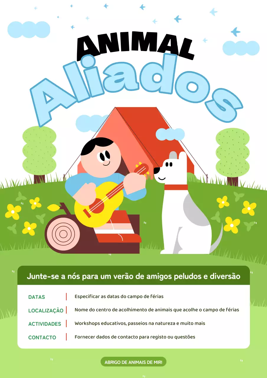 Promova o acampamento de verão do Centro de Cuidados dos Animais em chartreuse e azul claro.