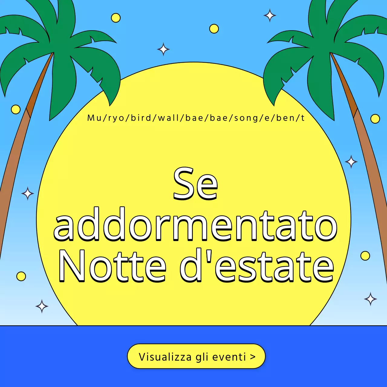 Una raccolta di miniature di eventi estivi con un accento azzurro e rosa caldo.