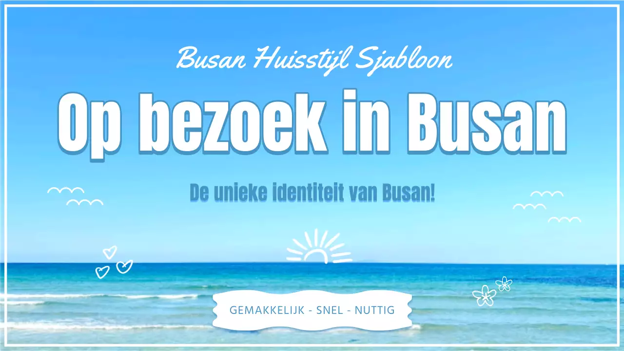 Een kitscherige, lichtblauwe en witte Busan-buurtgidspresentatie