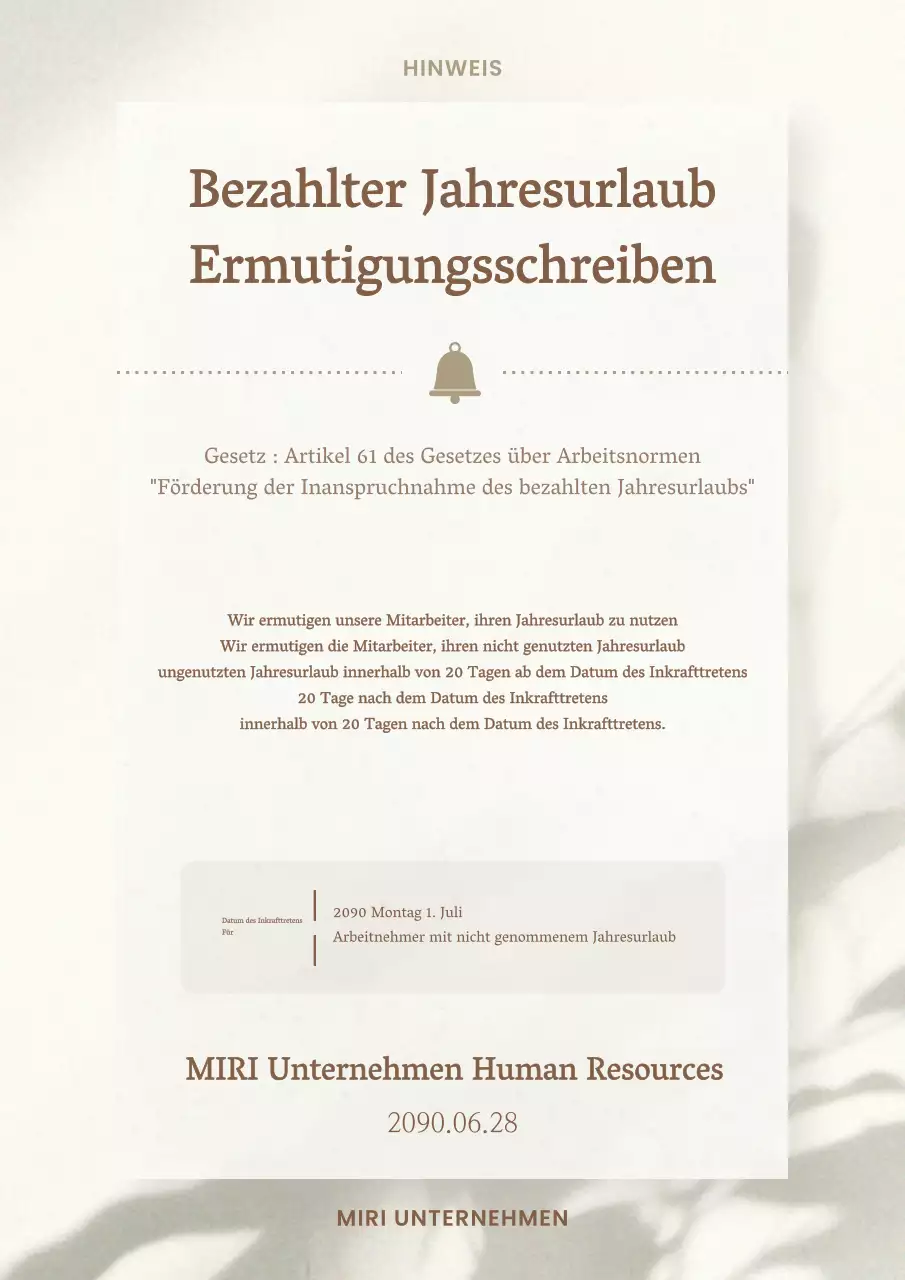 Ankündigung zur Förderung der Verwendung von braunem und elfenbeinfarbenem Luxusjahresurlaub