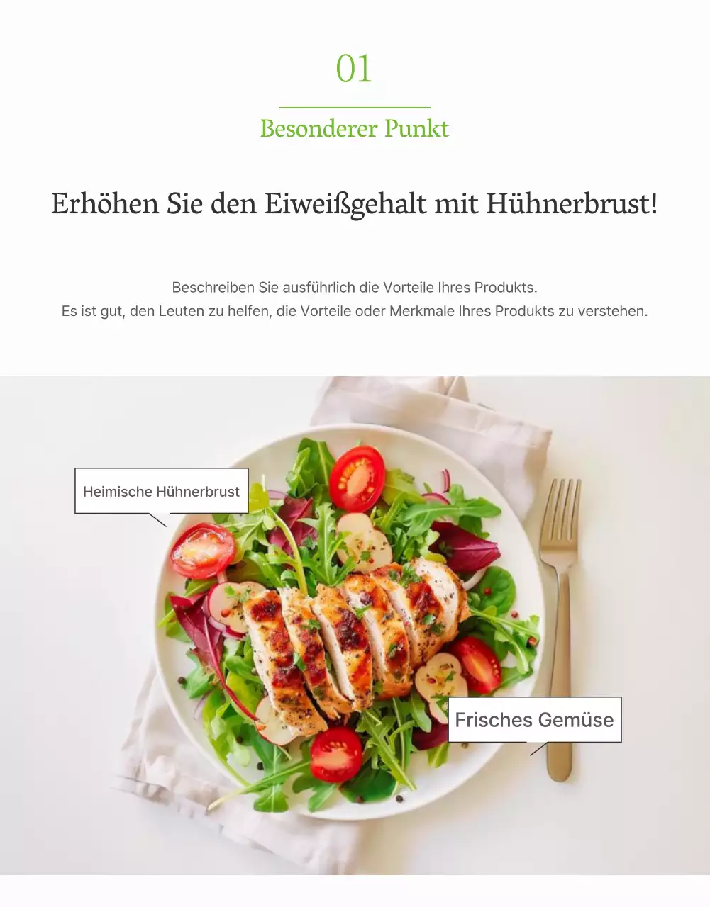 Werben Sie für eine einfache Salat-Detailseite in Weiß und Chartreuse