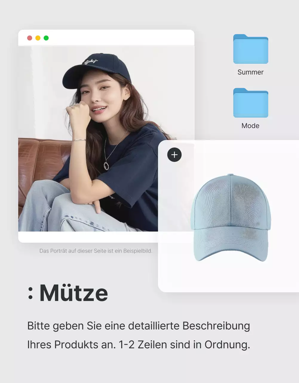 Förderung von Beschreibungen und Details in einem grauen und hellblauen Mode-Einkaufszentrum