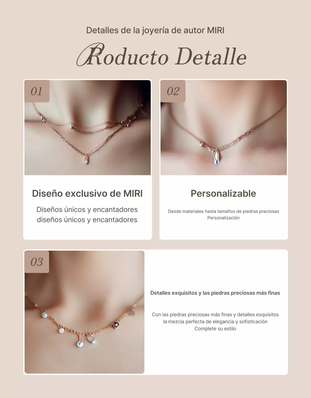 Promocione las descripciones de las joyas y las páginas de detalles en marrones y beiges de moda.
