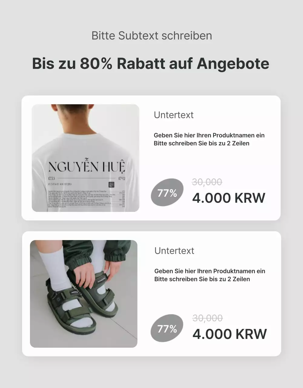 Förderung von Beschreibungen und Details in einem grauen und hellblauen Mode-Einkaufszentrum