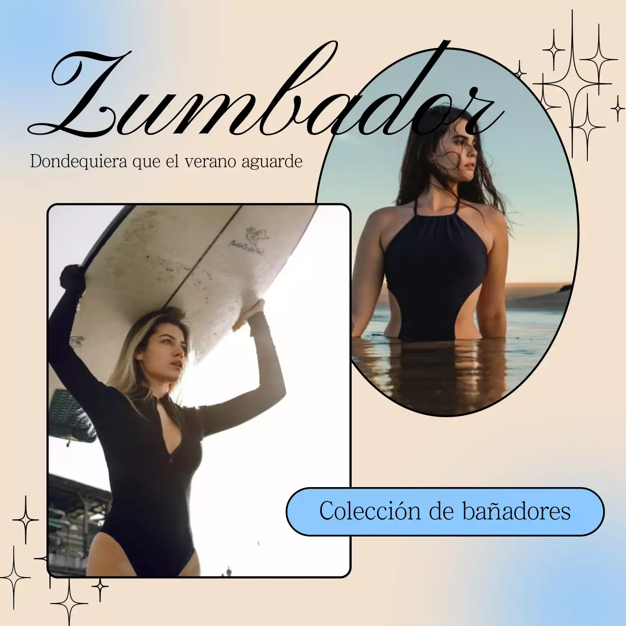 Promociona una moderna colección de bañadores en beige y azul claro