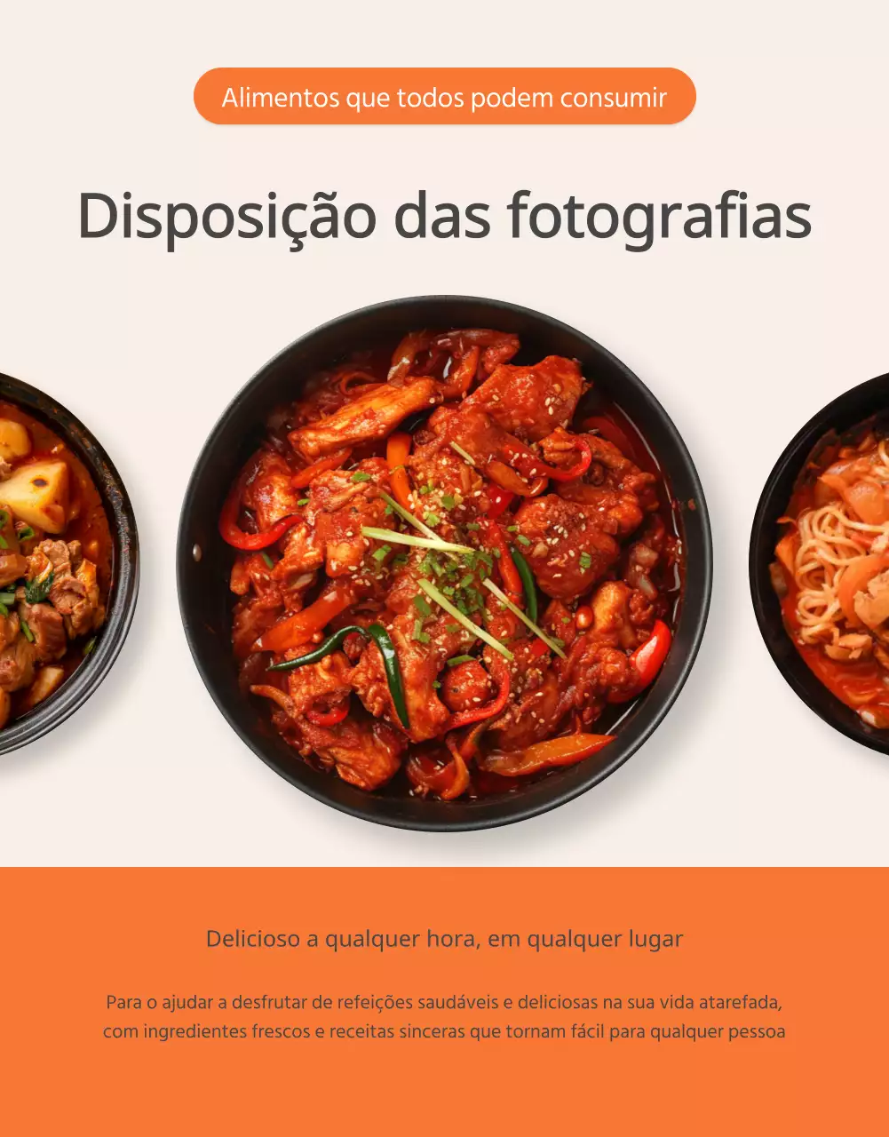Promover esquemas fotográficos de kits de refeições básicas em laranja e marfim