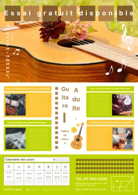 Une jolie publicité pour un cours de guitare pour adultes en orange et vert.