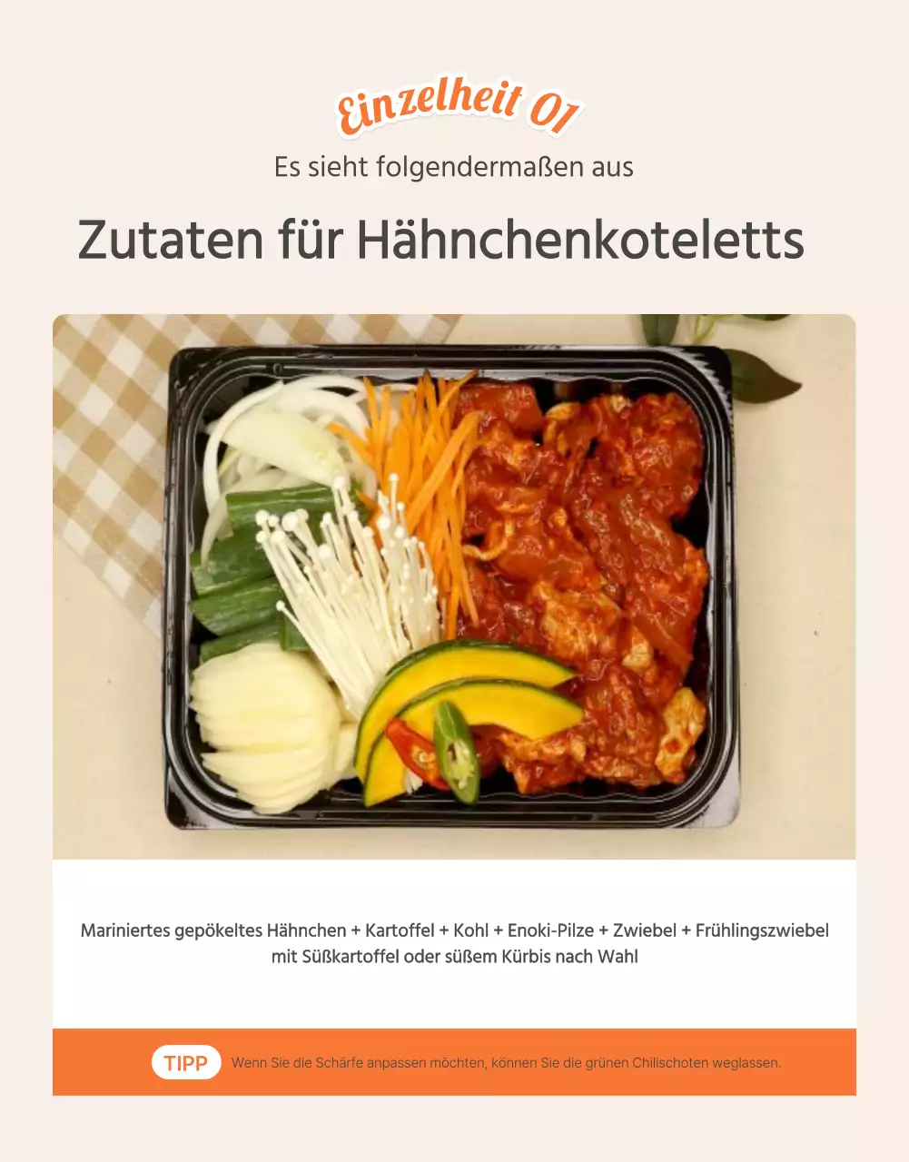 Beschreibung und Förderung von Grundnahrungsmitteln in Orange und Elfenbein