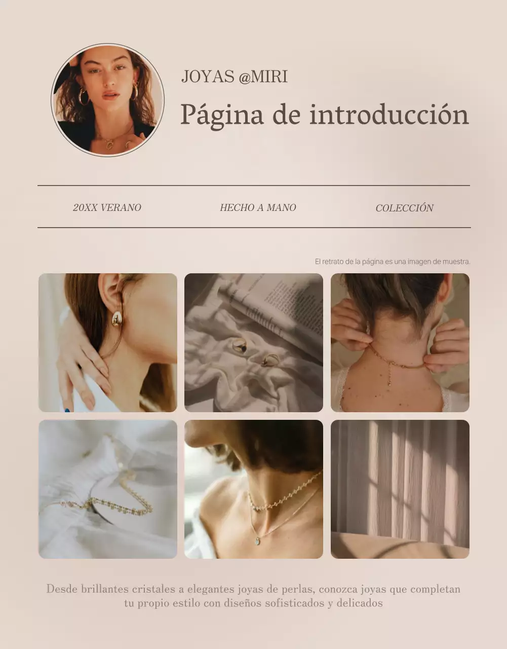 Promover una página de introducción de joyería de moda en marrones y beiges
