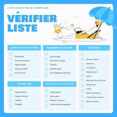 Une liste de contrôle simple pour les vacances d'été, en blanc et bleu clair