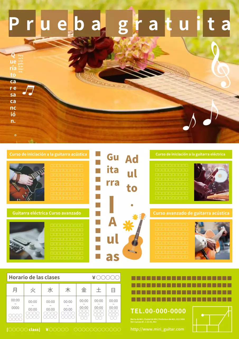 Un bonito y básico anuncio de clases de guitarra para adultos en naranja y verde.