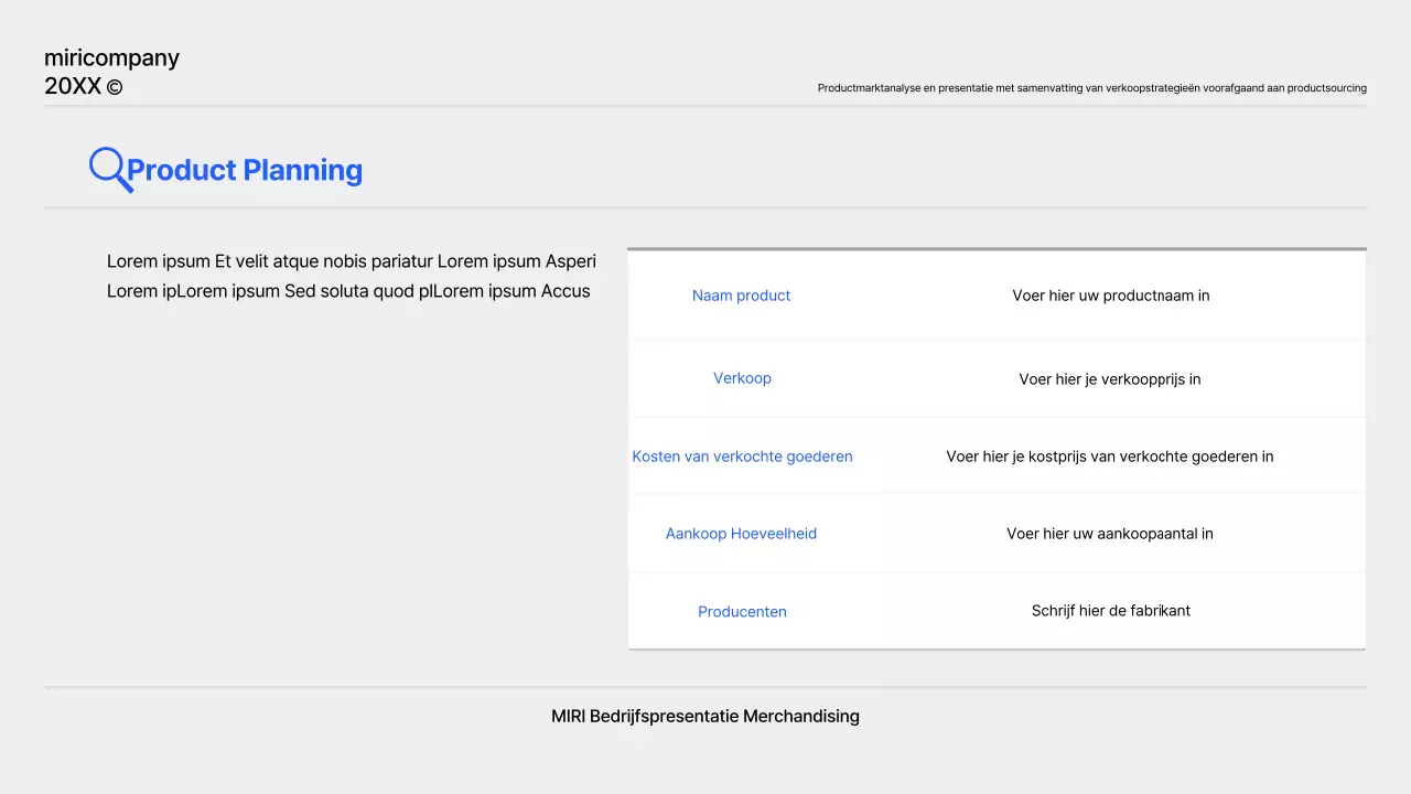 Een eenvoudig productplanningsrapport in blauw en grijs