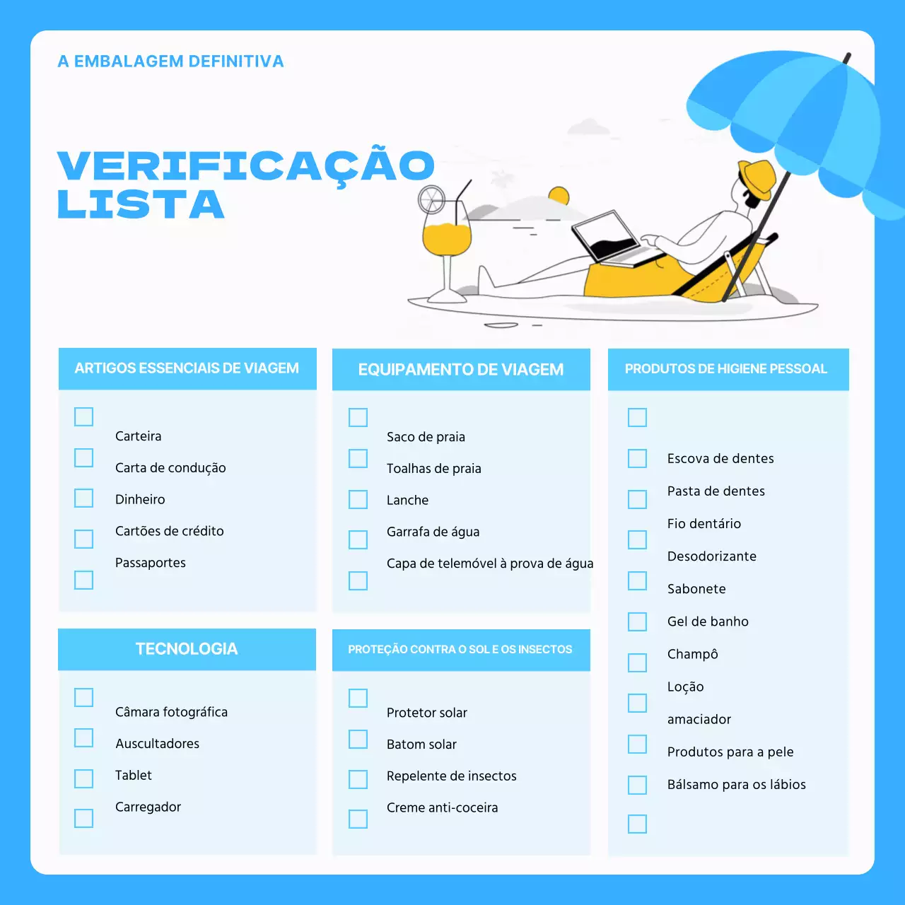 Uma lista de verificação simples, em branco e azul claro, para as férias de verão