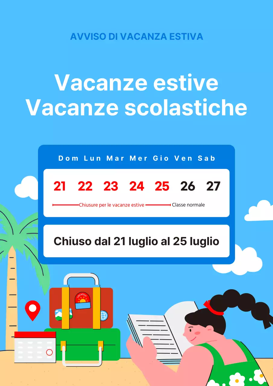 Annuncio di chiusura per le vacanze estive in azzurro e bianco