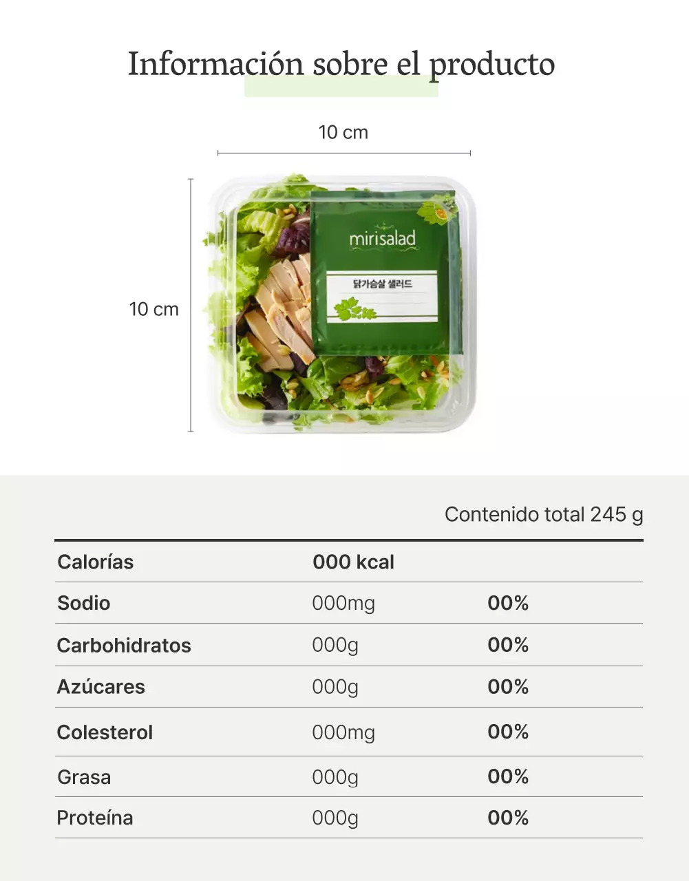 Promover una sencilla página de detalles de ensalada en blanco y chartreuse