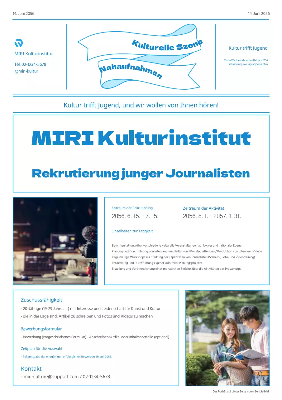 Förderung der Rekrutierung eines modernen Jugendpressekorps in Blau und Hellblau.