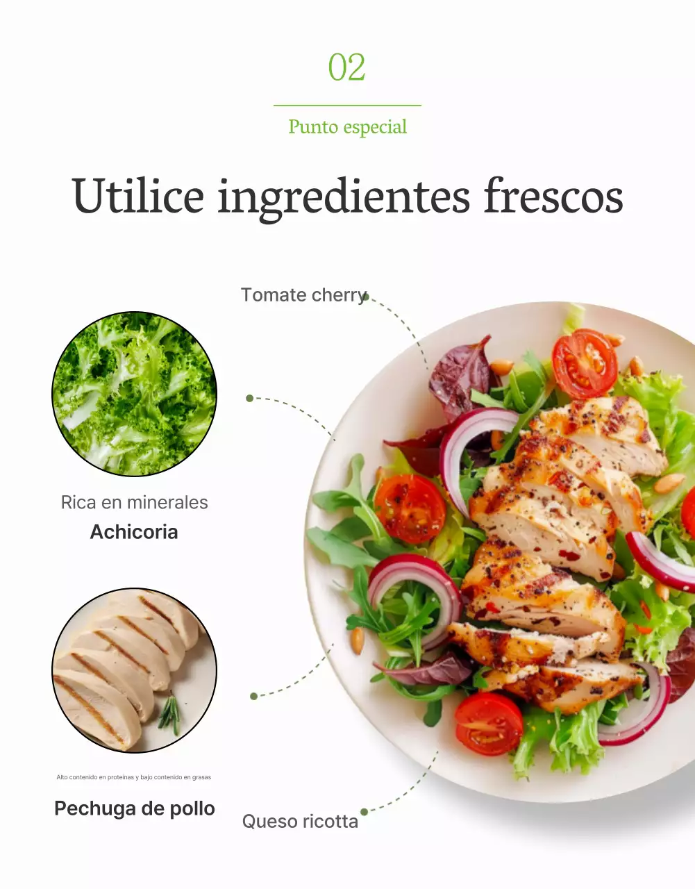 Promover una sencilla página de detalles de ensalada en blanco y chartreuse