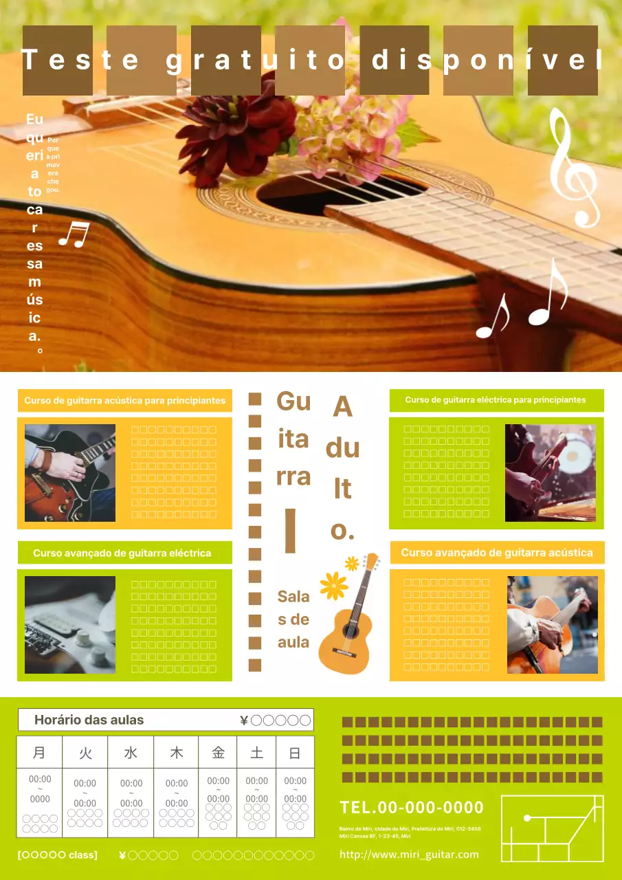 Um anúncio giro e básico de aulas de guitarra para adultos em laranja e verde.