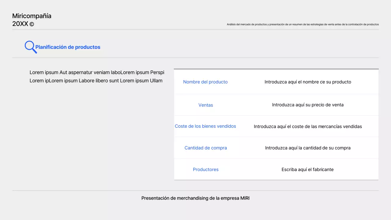 Un sencillo informe de planificación de productos en azul y gris