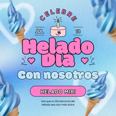Promocione descuentos para el Día Nacional del Helado con toques de azul y rosa