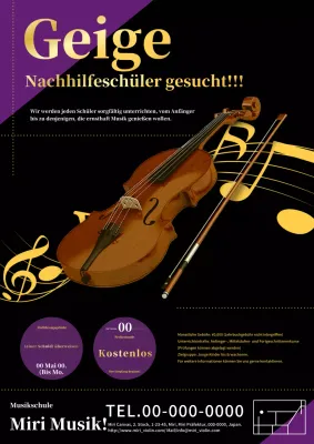 Eine einfache, klassische Geigenunterrichtsanzeige in Gold und Schwarz.