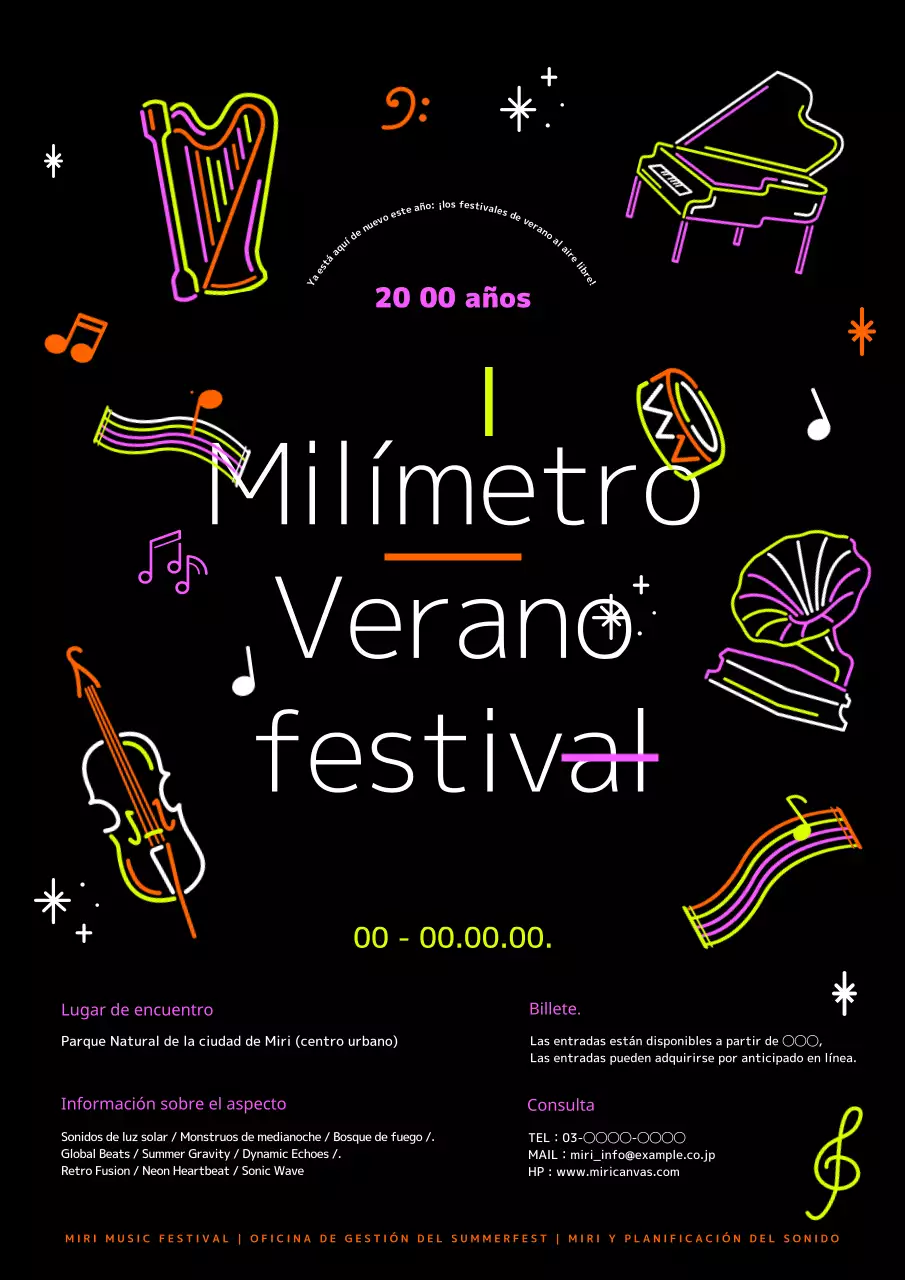 Anuncio del festival de música de verano Pop Art en negro y neón