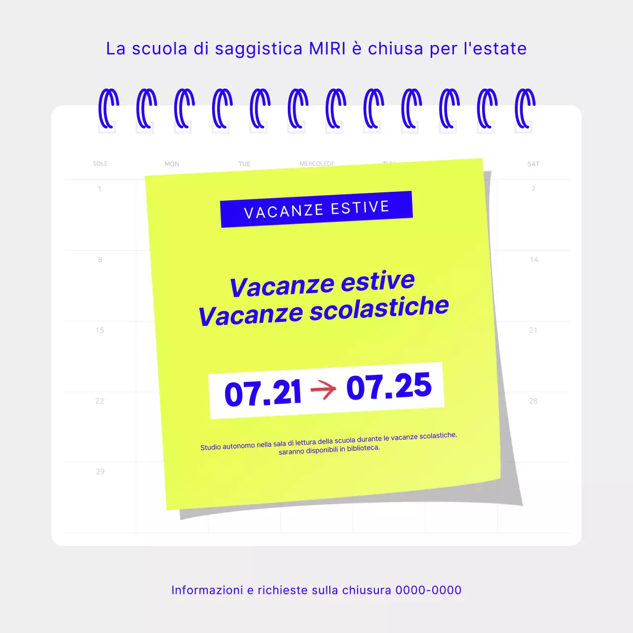 Un semplice avviso di vacanze scolastiche in chartreuse e blu