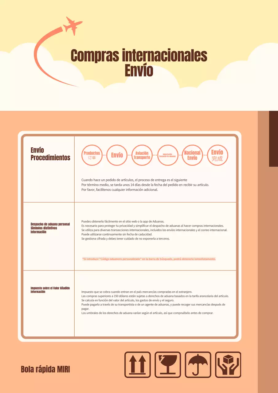 Guía sencilla para envíos internacionales en marrón y amarillo